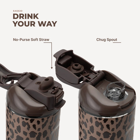 Ease2o 24oz | 2-in-1 Water Bottle with Soft Straw & Chug Spout – Brown Leopard